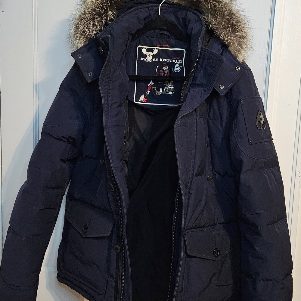 Moose Knuckles Men's Navy Parka with Fur Trim